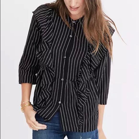 Madewell 100% Silk Ruffle Pinstripe Top Size Small Career Contemporary Work - Picture 1 of 11